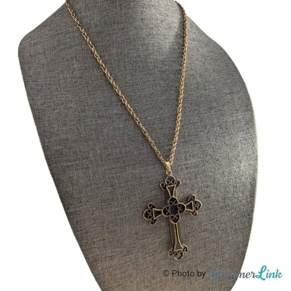 Vintage Sarah Cov Limited Edition Victorian Cross Filigree Gold Tone Necklace - Picture 2 of 11